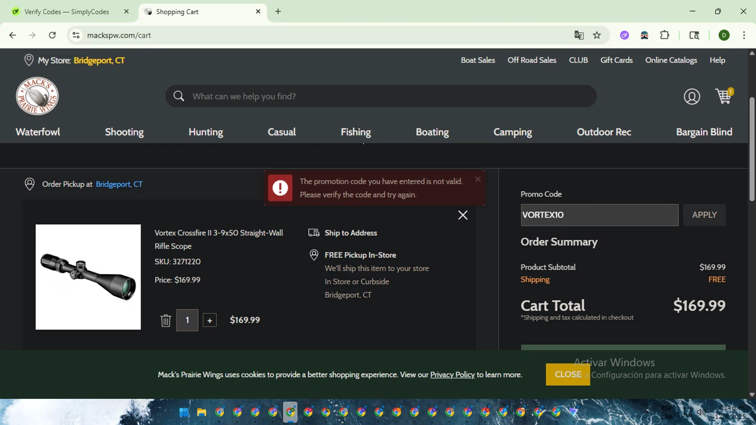 Mack's Prairie Wings promo code screenshot showing code VORTEX10 applied at Mack's Prairie Wings checkout page. Uploaded by SimplyCodes community member BargainGuardian5495 on Aug 12, 2025