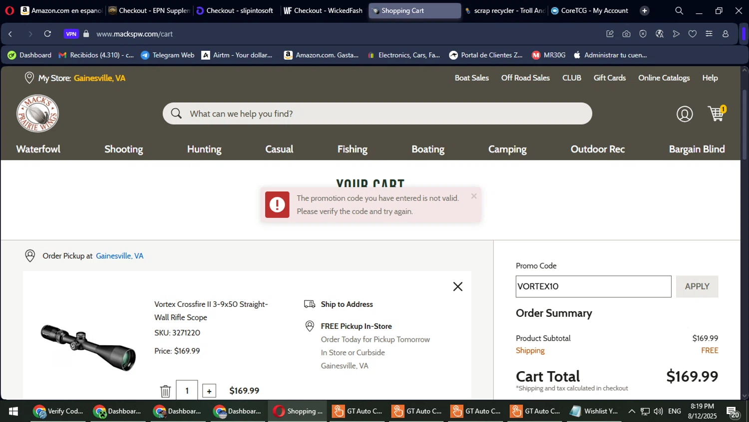 Mack's Prairie Wings promo code screenshot showing code VORTEX10 applied at Mack's Prairie Wings checkout page. Uploaded by SimplyCodes community member PokeGOAT on Aug 13, 2025