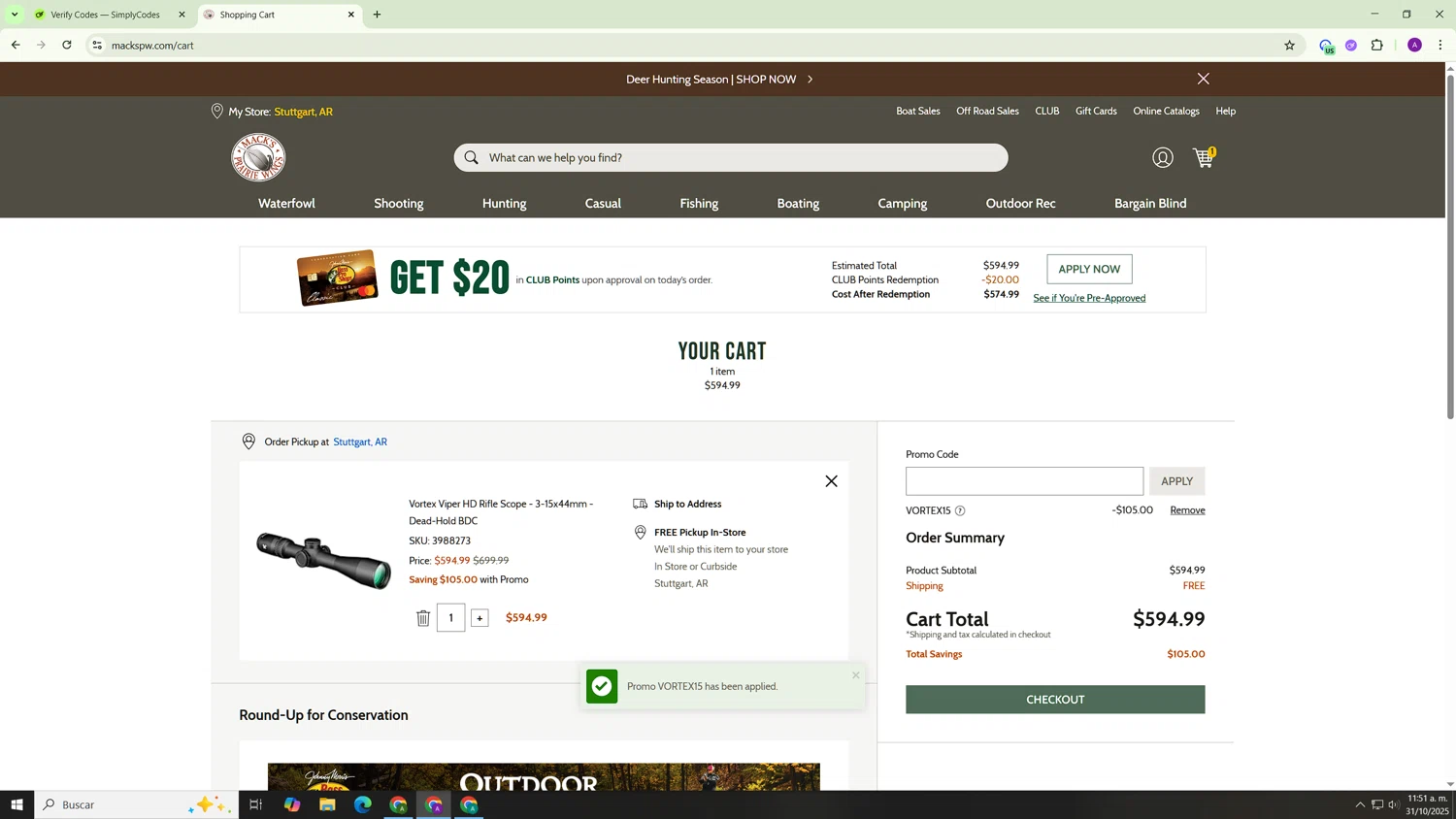 Mack's Prairie Wings checkout page showing Mack's Prairie Wings promo code box | Screenshot taken by SimplyCodes community member on Oct 31, 2025