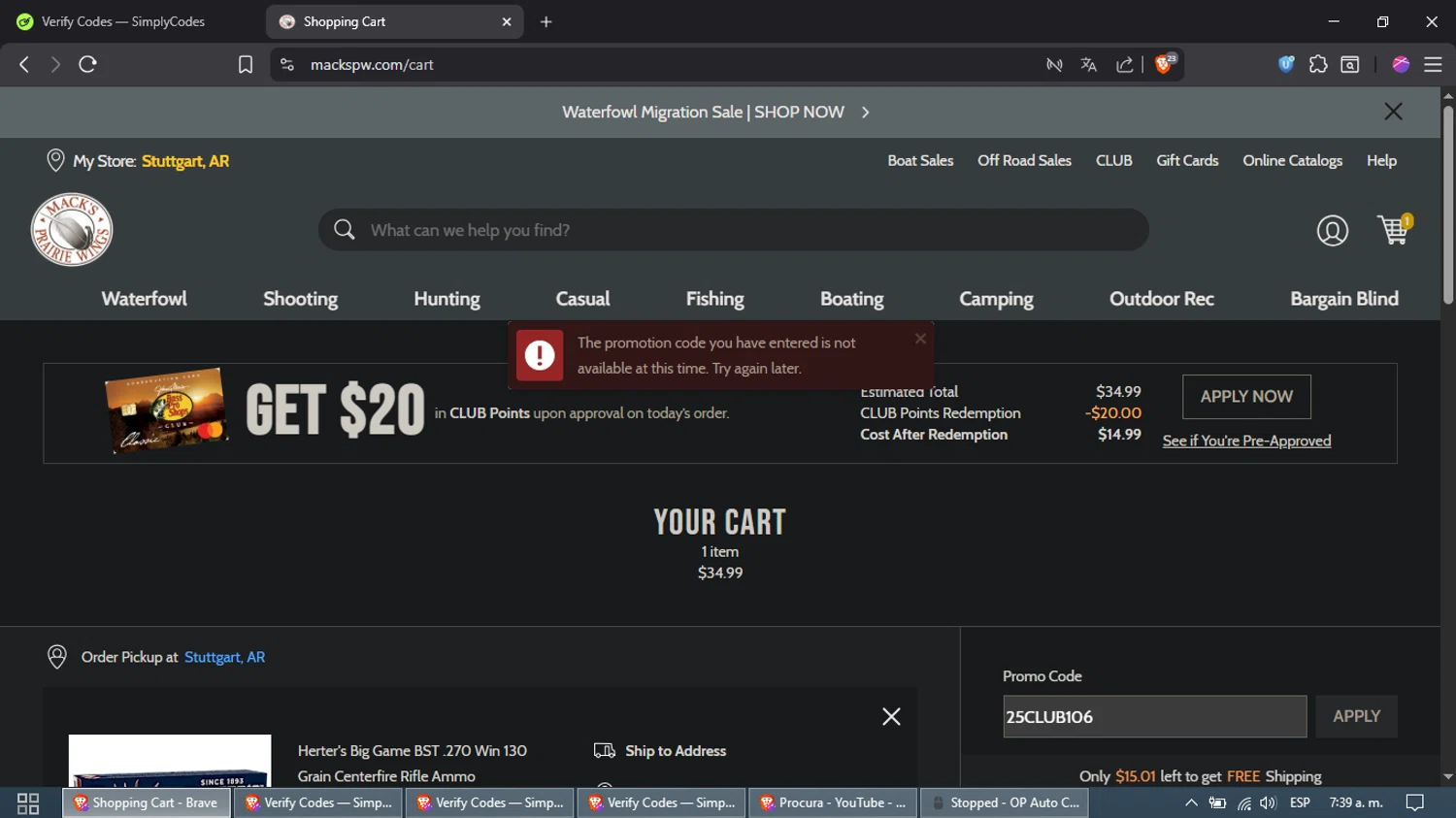 Mack's Prairie Wings promo code screenshot showing code 25CLUB106 applied at Mack's Prairie Wings checkout page. Uploaded by SimplyCodes community member Samira on Oct 17, 2025