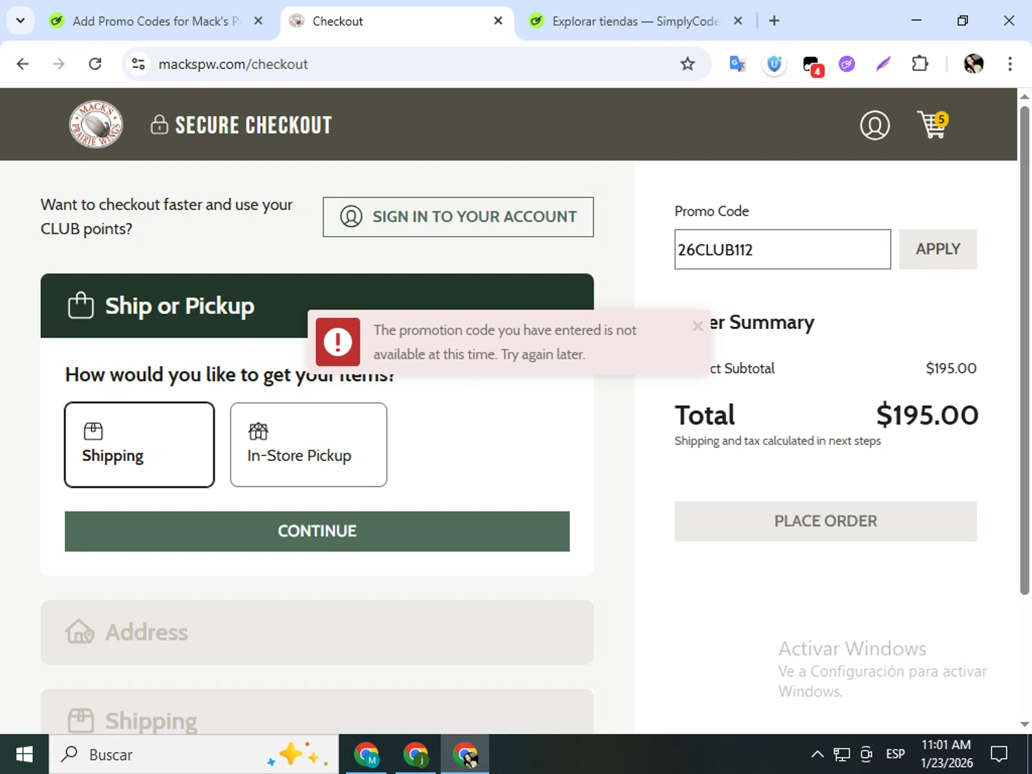Mack's Prairie Wings promo code screenshot showing code 26CLUB112 applied at Mack's Prairie Wings checkout page. Uploaded by SimplyCodes community member SavingsCollector2592 on Jan 23, 2026