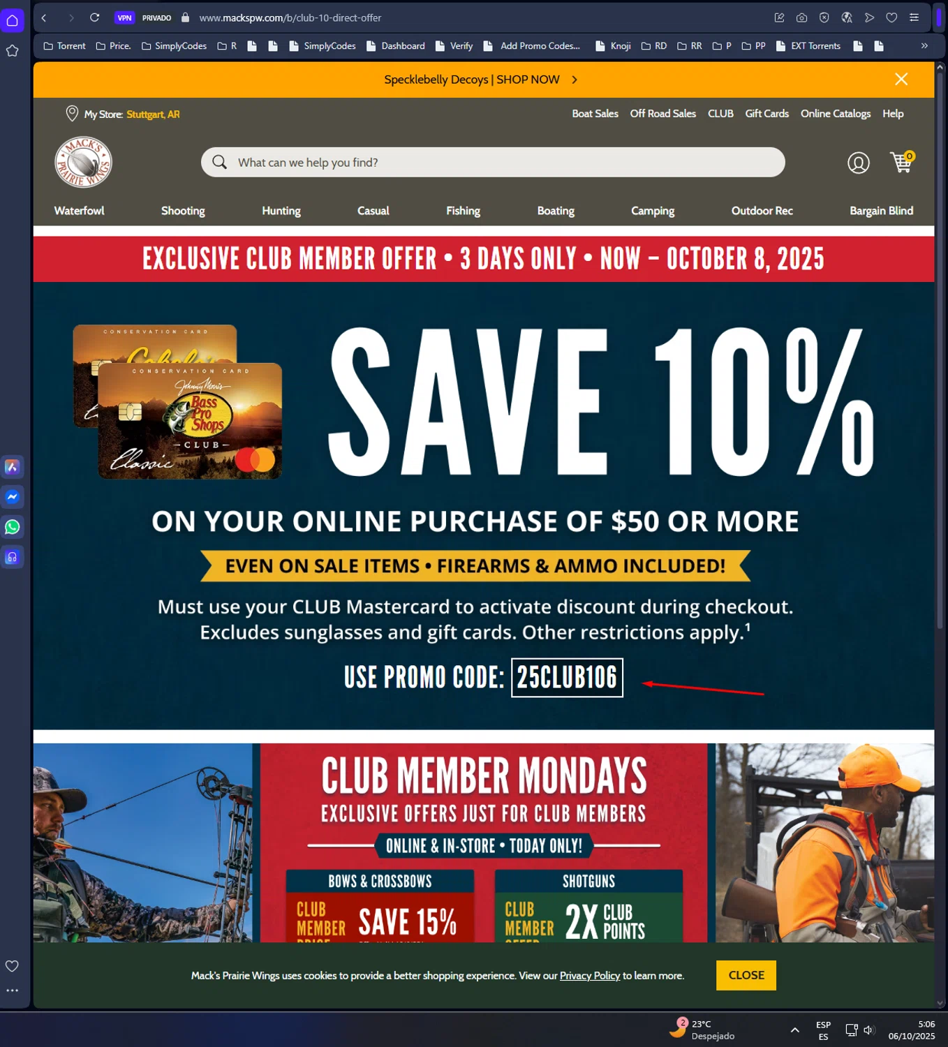 Mack's Prairie Wings promo code screenshot showing code 25CLUB106 applied at Mack's Prairie Wings checkout page. Uploaded by SimplyCodes community member UnkNownVnzla on Oct 6, 2025