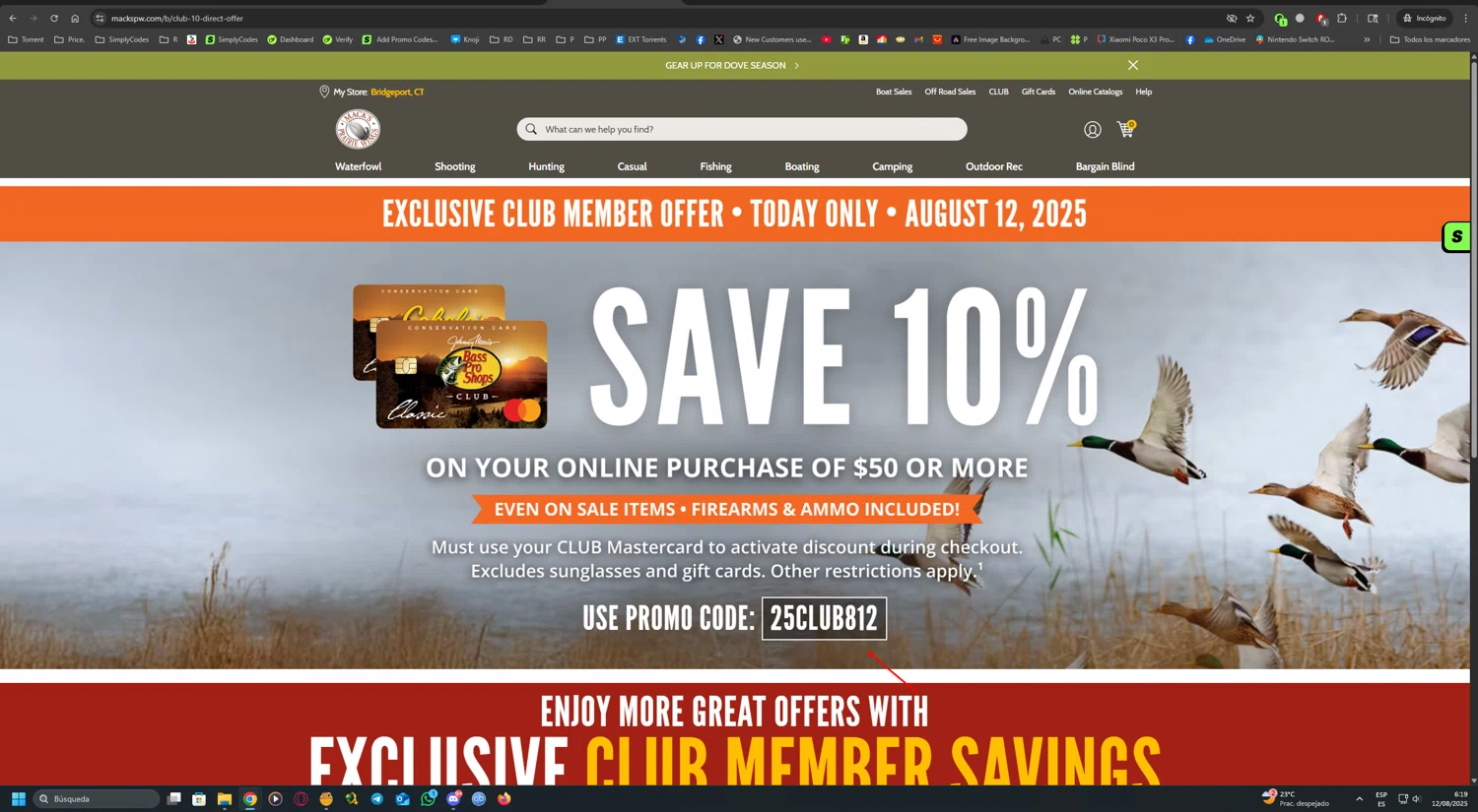 Mack's Prairie Wings promo code screenshot showing code 25CLUB812 applied at Mack's Prairie Wings checkout page. Uploaded by SimplyCodes community member UnkNownVnzla on Aug 12, 2025