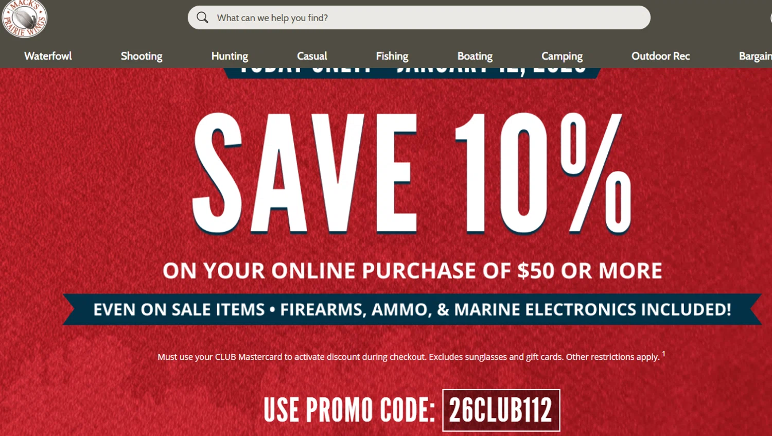 Mack's Prairie Wings promo code screenshot showing code 26CLUB112 applied at Mack's Prairie Wings checkout page. Uploaded by SimplyCodes community member valeriaantonieta on Jan 12, 2026