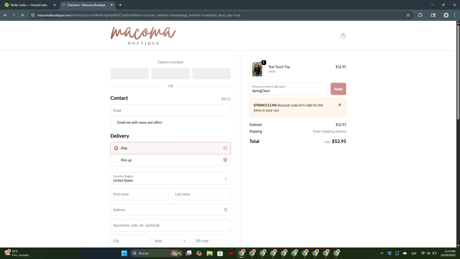 Macoma Boutique coupon code screenshot showing code SpringClean applied at Macoma Boutique checkout page. Uploaded by SimplyCodes community member USERR1 on Oct 20, 2025