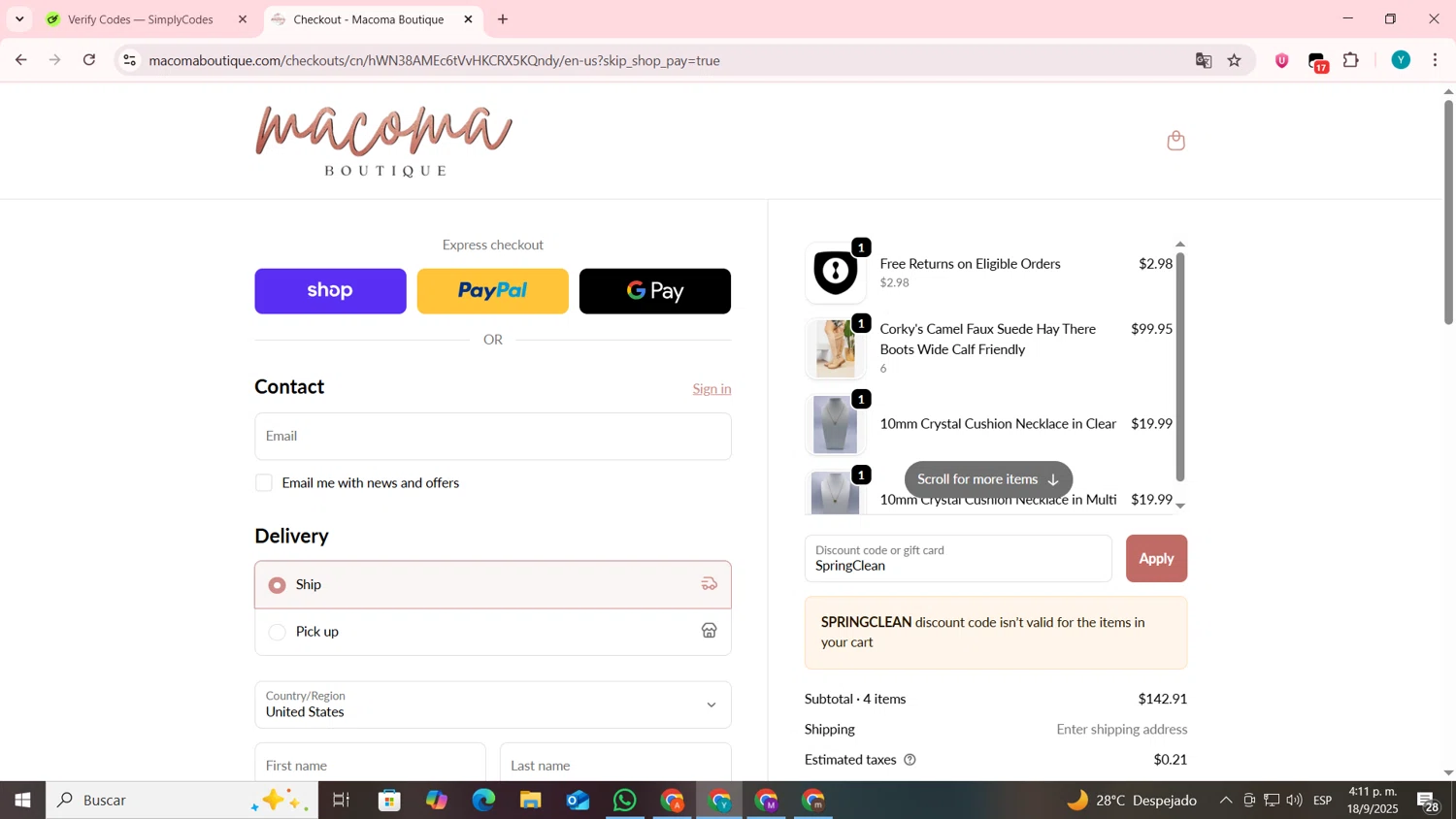 Macoma Boutique coupon code screenshot showing code SpringClean applied at Macoma Boutique checkout page. Uploaded by SimplyCodes community member codygakpo on Sep 18, 2025