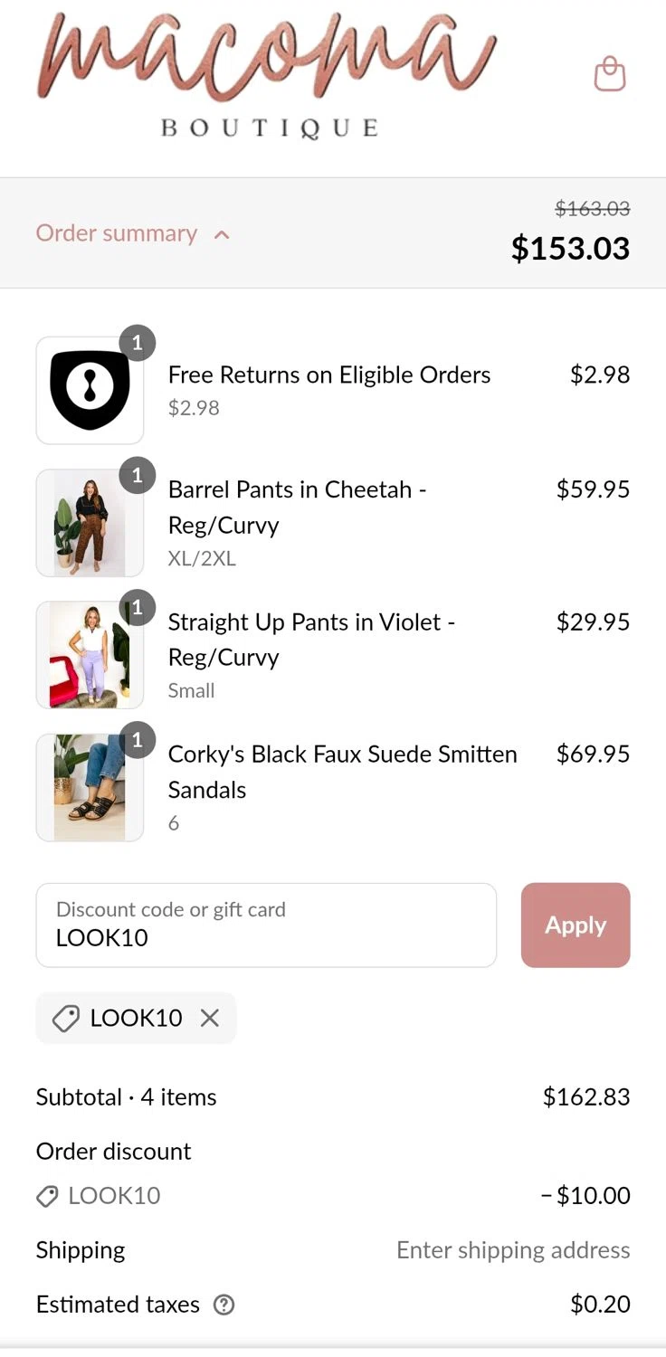 Macoma Boutique coupon code screenshot showing code LOOK10 applied at Macoma Boutique checkout page. Uploaded by SimplyCodes community member JuanMonge on Aug 3, 2025