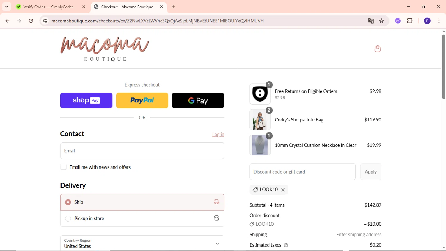 Macoma Boutique coupon code screenshot showing code LOOK10 applied at Macoma Boutique checkout page. Uploaded by SimplyCodes community member MightyCaptain635 on Jul 7, 2025