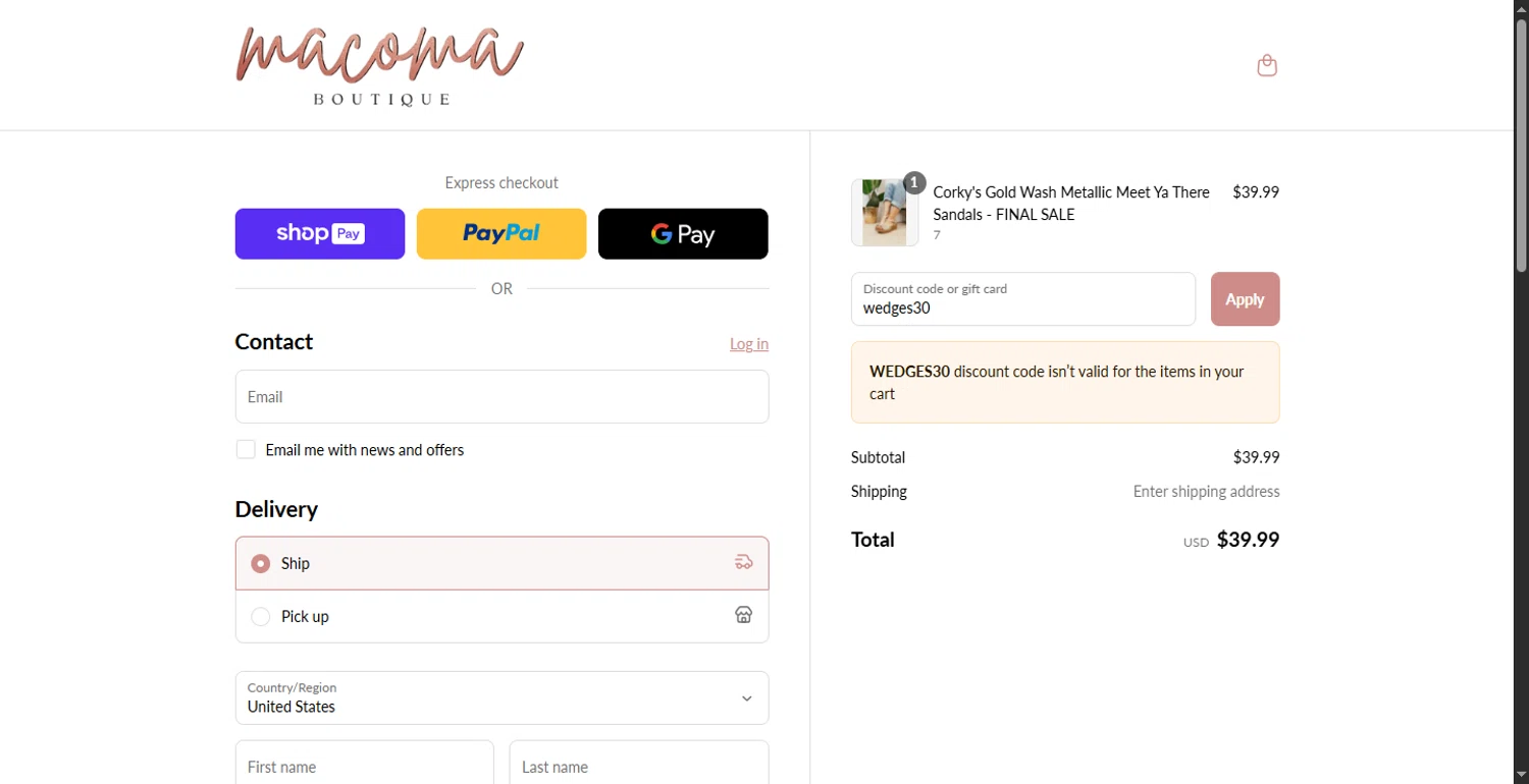 Macoma Boutique coupon code screenshot showing code wedges30 applied at Macoma Boutique checkout page. Uploaded by SimplyCodes community member DiscountPhoenix427 on Jul 25, 2025