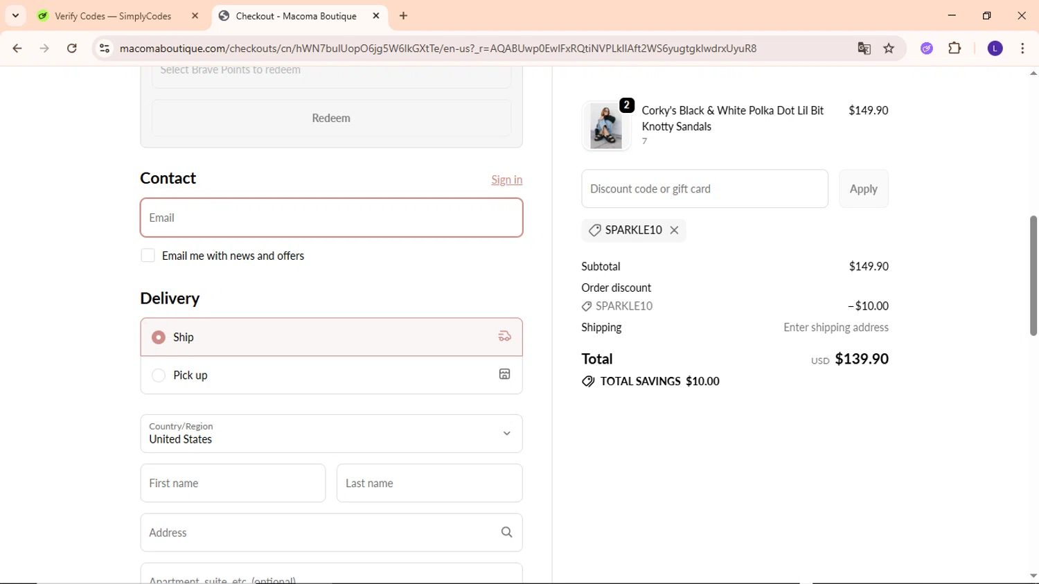 Macoma Boutique coupon code screenshot showing code SPARKLE10 applied at Macoma Boutique checkout page. Uploaded by SimplyCodes community member EpicWarden3081 on Jan 14, 2026