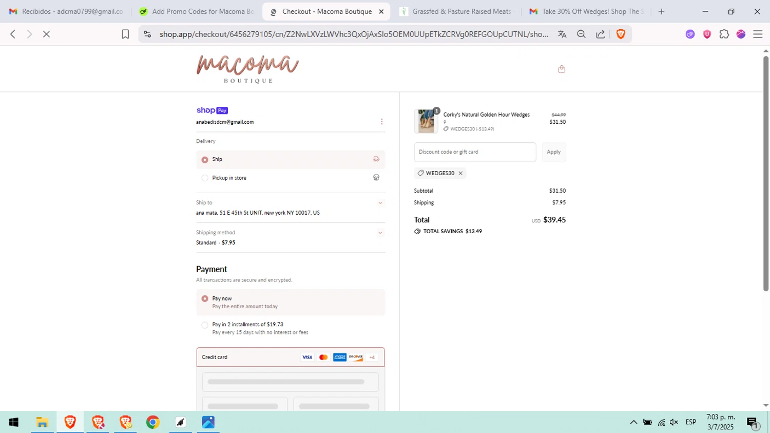 Macoma Boutique coupon code screenshot showing code wedges30 applied at Macoma Boutique checkout page. Uploaded by SimplyCodes community member peachee on Jul 3, 2025