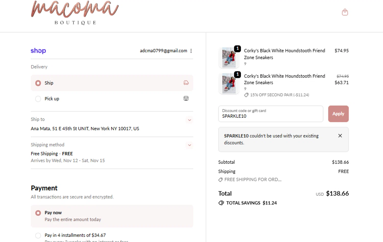 Macoma Boutique coupon code screenshot showing code SPARKLE10 applied at Macoma Boutique checkout page. Uploaded by SimplyCodes community member peachee on Nov 2, 2025