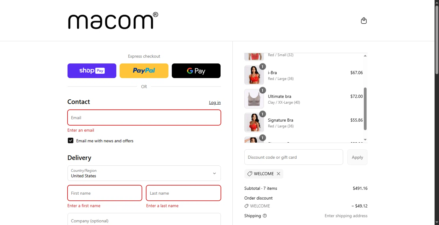 Macom Medical discount code screenshot showing code WELCOME applied at Macom Medical checkout page. Uploaded by SimplyCodes community member BonusFox1297 on Jul 12, 2025