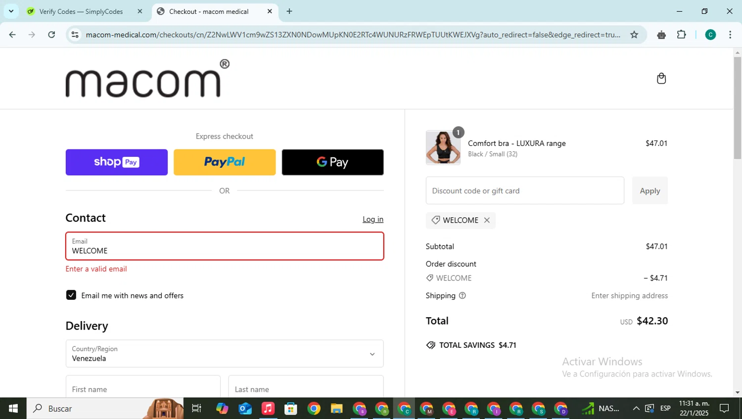 Macom Medical discount code screenshot showing code WELCOME applied at Macom Medical checkout page. Uploaded by SimplyCodes community member BonusPilot927 on Jan 22, 2025
