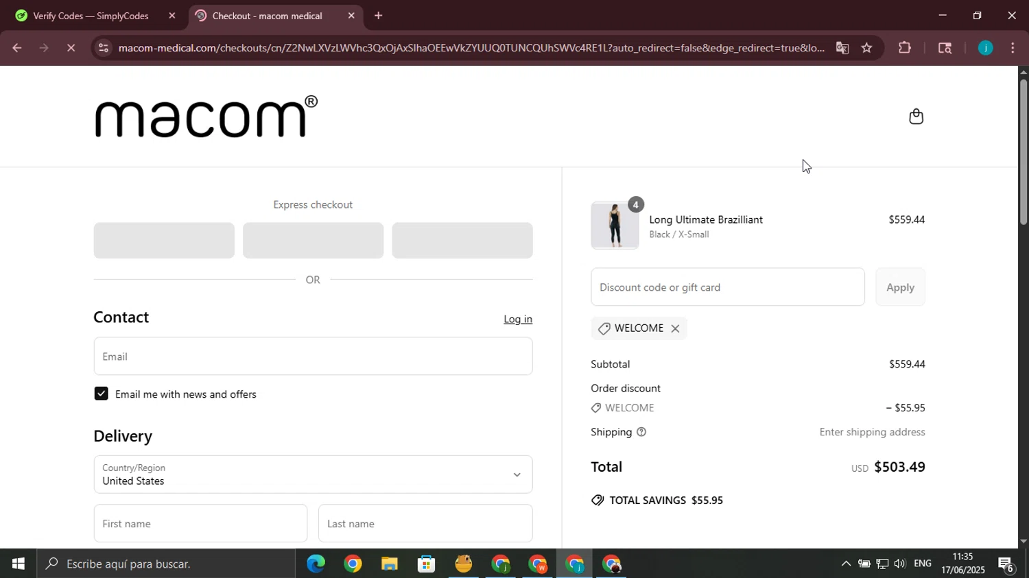 Macom Medical discount code screenshot showing code WELCOME applied at Macom Medical checkout page. Uploaded by SimplyCodes community member juanjo2 on Jun 17, 2025