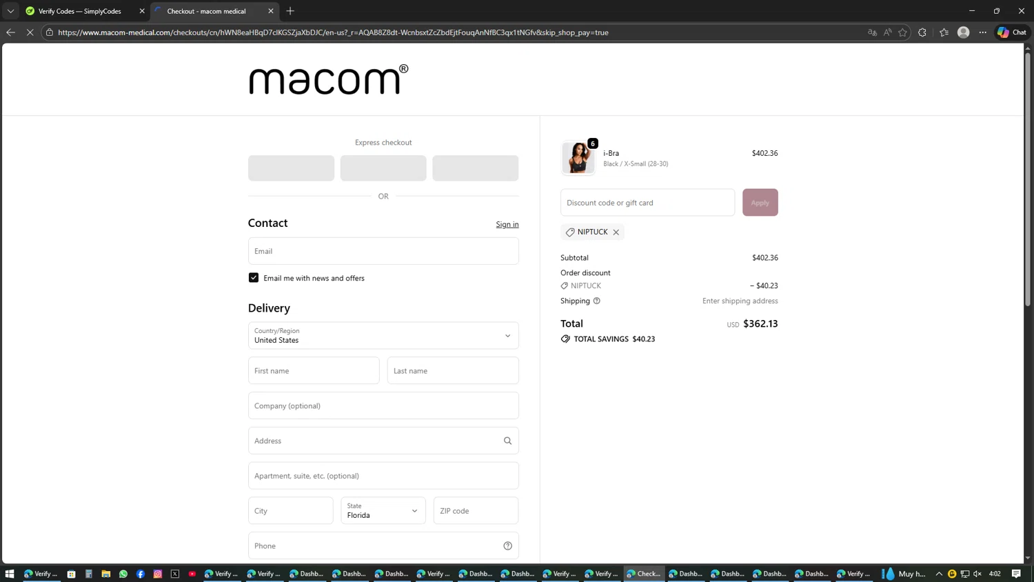 Macom Medical checkout page showing Macom Medical discount code box | Screenshot taken by SimplyCodes community member on Feb 11, 2026