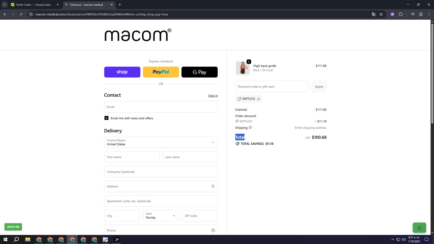 Macom Medical discount code screenshot showing code NIPTUCK applied at Macom Medical checkout page. Uploaded by SimplyCodes community member lllllllllllllll on Oct 1, 2025