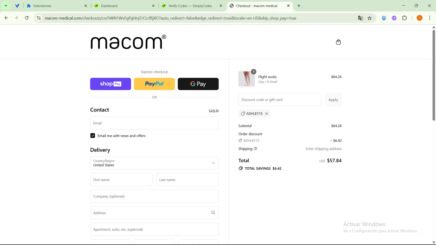 Macom Medical discount code screenshot showing code ASHLEY15 applied at Macom Medical checkout page. Uploaded by SimplyCodes community member RebateSaver5991 on Aug 7, 2025