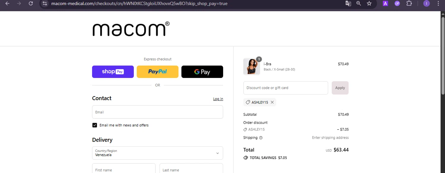 Macom Medical discount code screenshot showing code ASHLEY15 applied at Macom Medical checkout page. Uploaded by SimplyCodes community member joineds on Jul 21, 2025