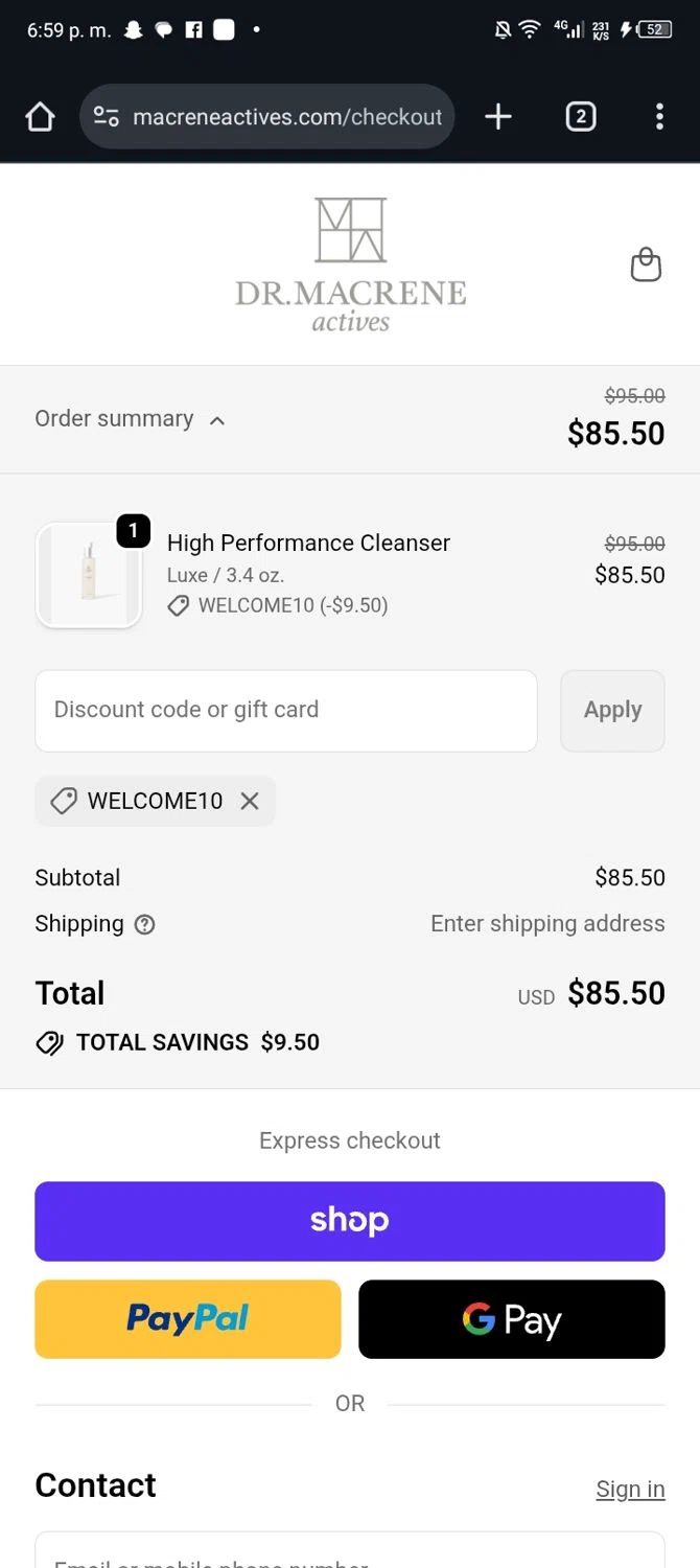 Macrene Actives promo code screenshot showing code welcome10 applied at Macrene Actives checkout page. Uploaded by SimplyCodes community member Nickurtdale on Dec 12, 2025