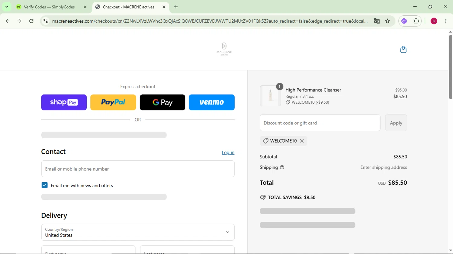 Macrene Actives promo code screenshot showing code welcome10 applied at Macrene Actives checkout page. Uploaded by SimplyCodes community member CrownFinder3074 on May 1, 2025