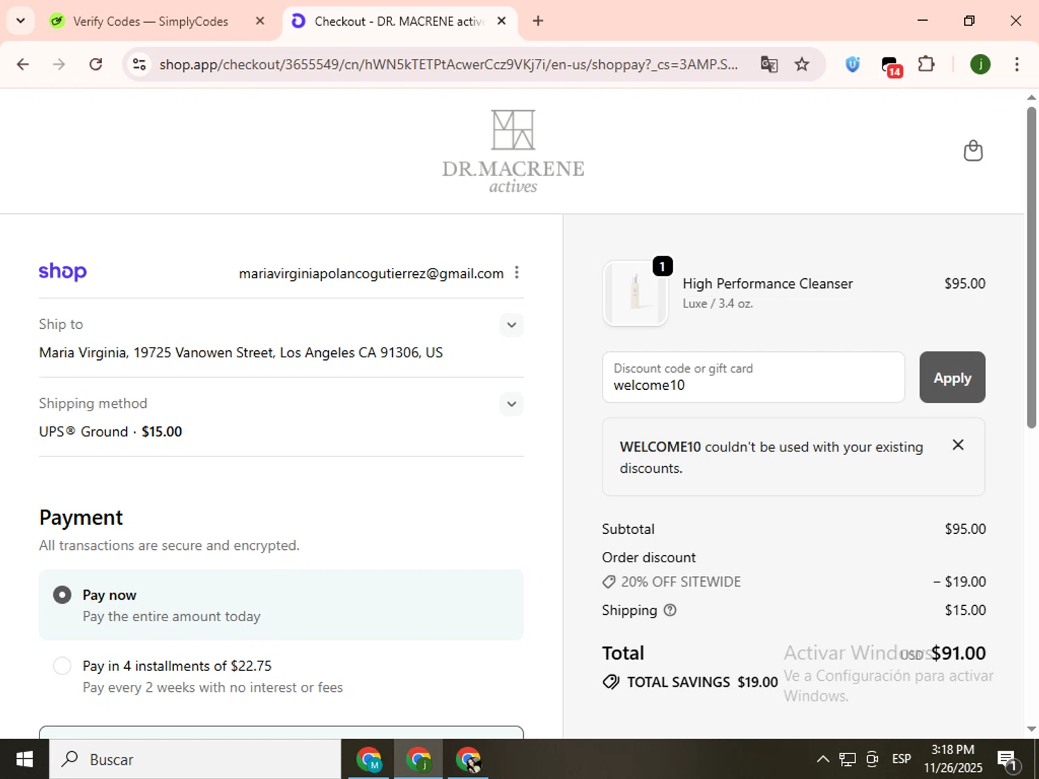 Macrene Actives promo code screenshot showing code welcome10 applied at Macrene Actives checkout page. Uploaded by SimplyCodes community member SavingsCollector2592 on Nov 26, 2025