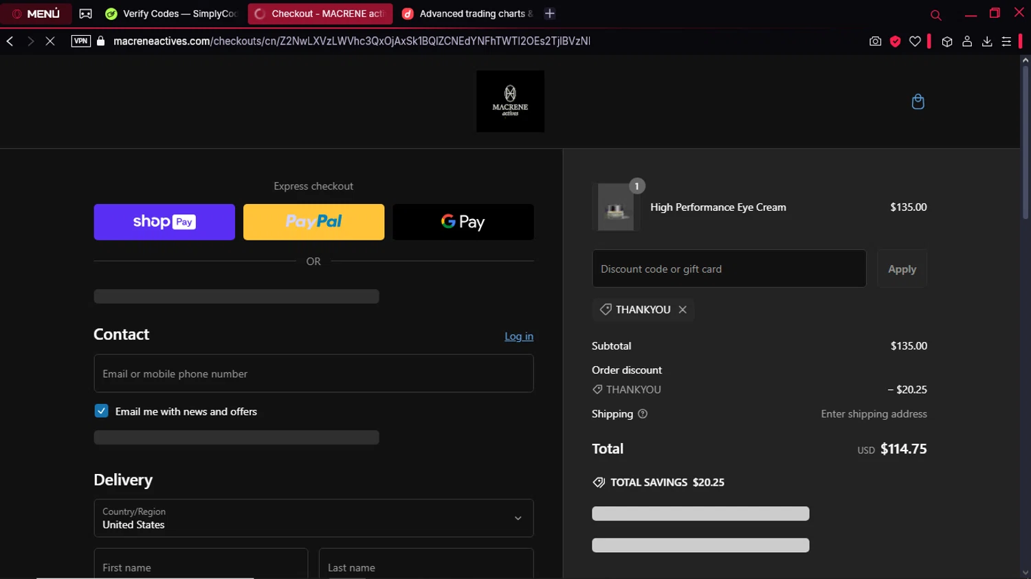 Macrene Actives promo code screenshot showing code THANKYOU applied at Macrene Actives checkout page. Uploaded by SimplyCodes community member CorrectorDeCupones on Feb 17, 2025