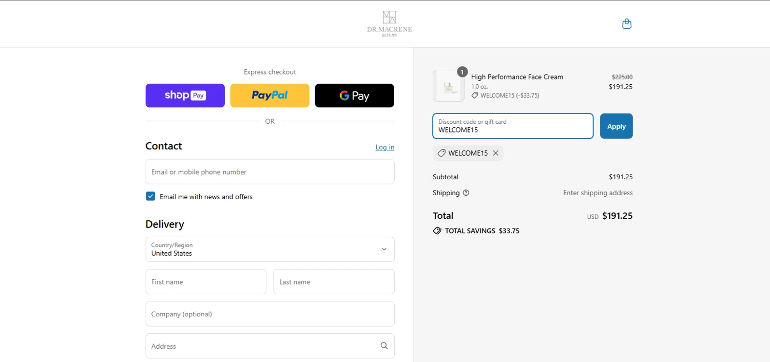 Macrene Actives promo code screenshot showing code WELCOME15 applied at Macrene Actives checkout page. Uploaded by SimplyCodes community member LaCebolla on Aug 2, 2025