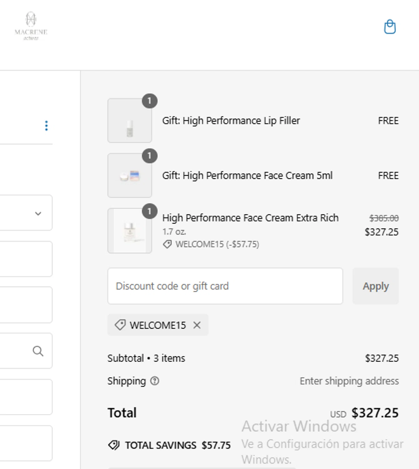 Macrene Actives promo code screenshot showing code WELCOME15 applied at Macrene Actives checkout page. Uploaded by SimplyCodes community member toti2222 on Dec 30, 2024