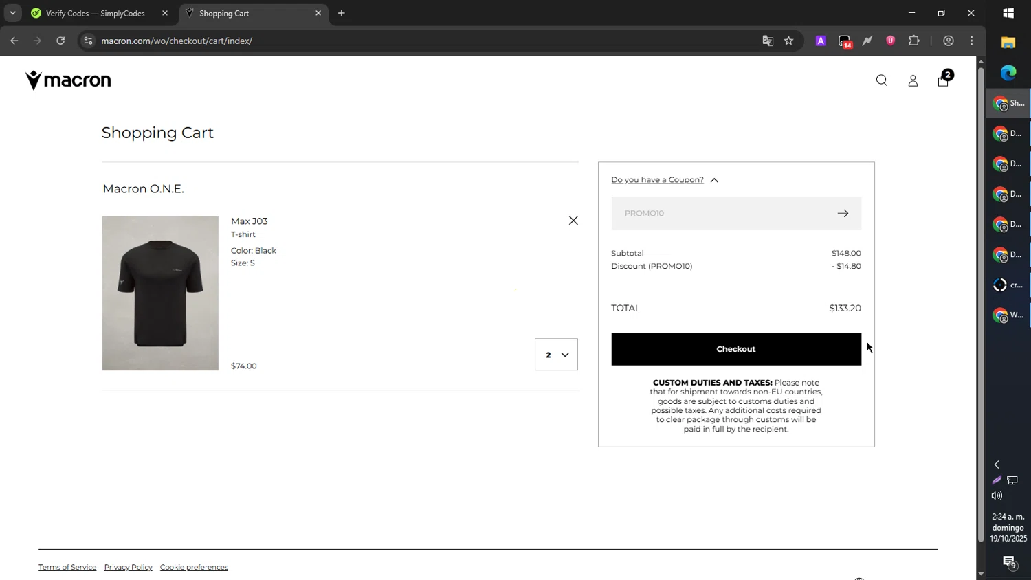 Macron discount code screenshot showing code PROMO10 applied at Macron checkout page. Uploaded by SimplyCodes community member RebateCaptain6440 on Oct 19, 2025