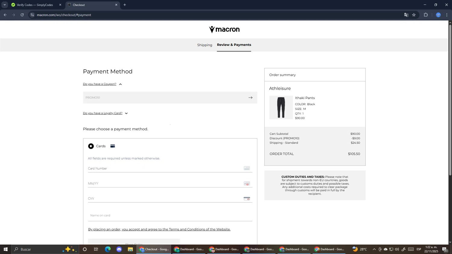 Macron discount code screenshot showing code PROMO10 applied at Macron checkout page. Uploaded by SimplyCodes community member RoyalExpert3857 on Nov 22, 2025