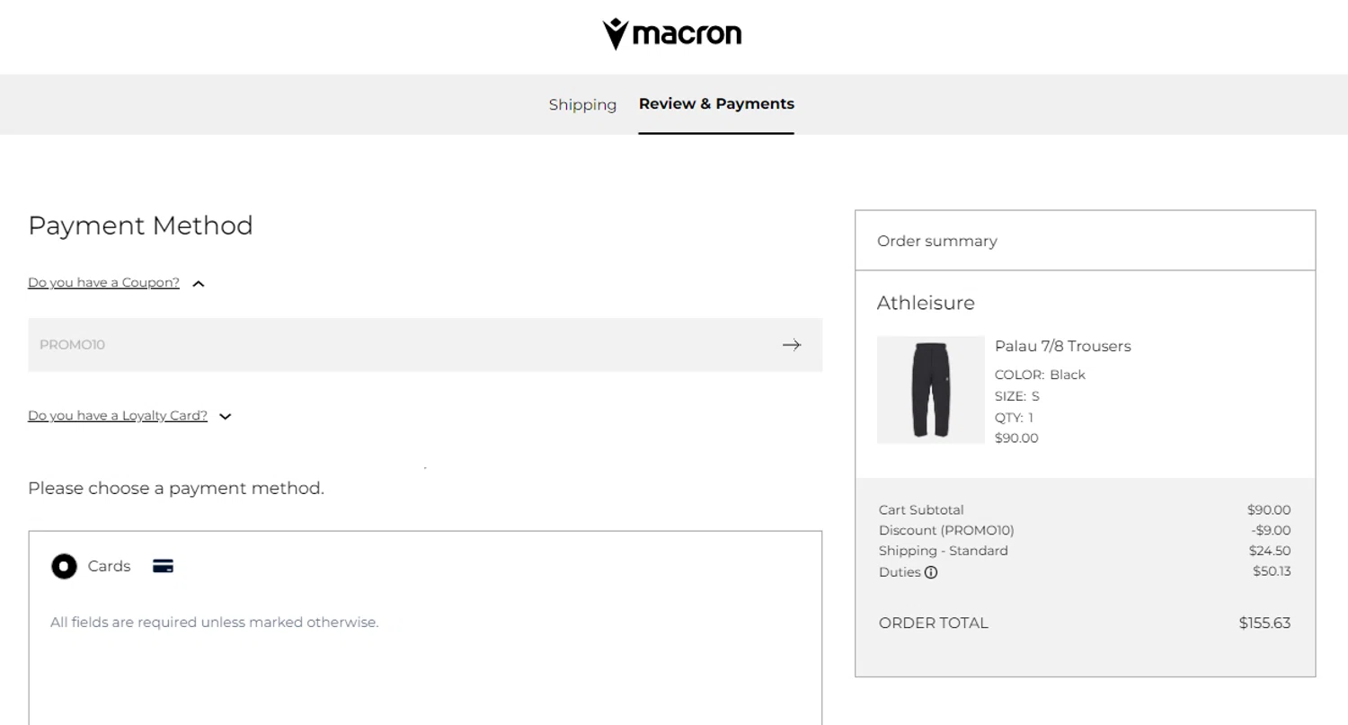 Macron discount code screenshot showing code PROMO10 applied at Macron checkout page. Uploaded by SimplyCodes community member SmartSaver7916 on Jan 9, 2026