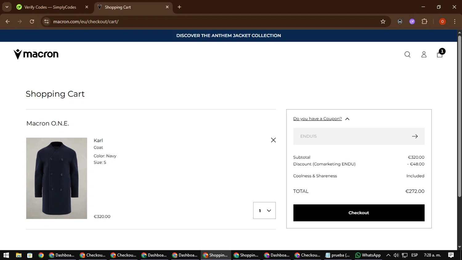 Macron discount code screenshot showing code ENDU15 applied at Macron checkout page. Uploaded by SimplyCodes community member CleverSpotter3730 on Dec 12, 2025