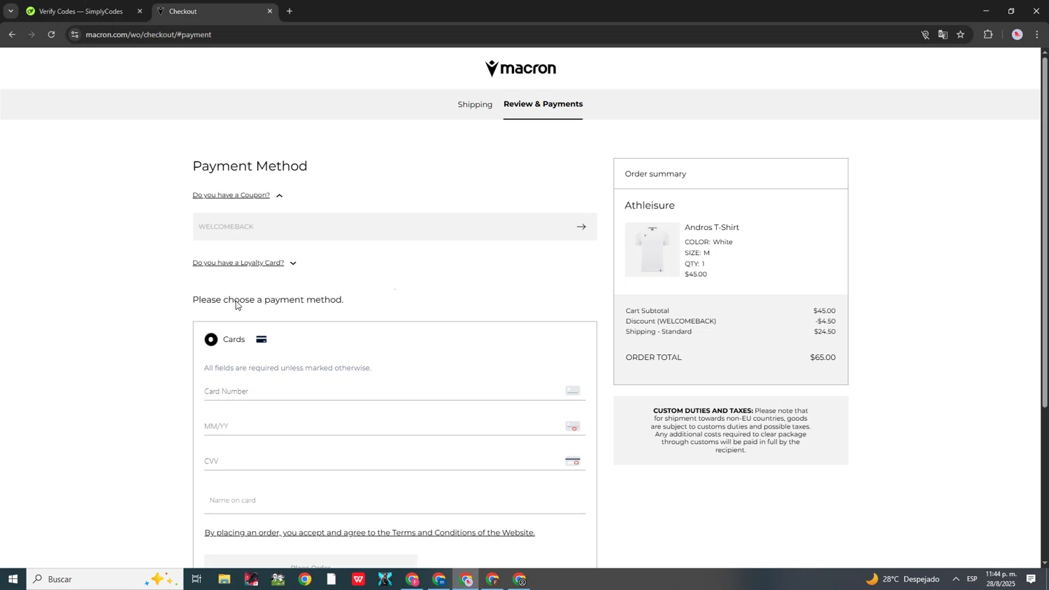 Macron discount code screenshot showing code WELCOMEBACK applied at Macron checkout page. Uploaded by SimplyCodes community member DealScout5970 on Aug 29, 2025