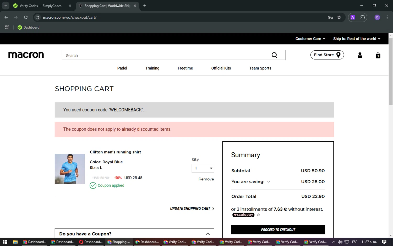 Macron discount code screenshot showing code WELCOMEBACK applied at Macron checkout page. Uploaded by SimplyCodes community member CashSleuth4660 on Feb 18, 2025