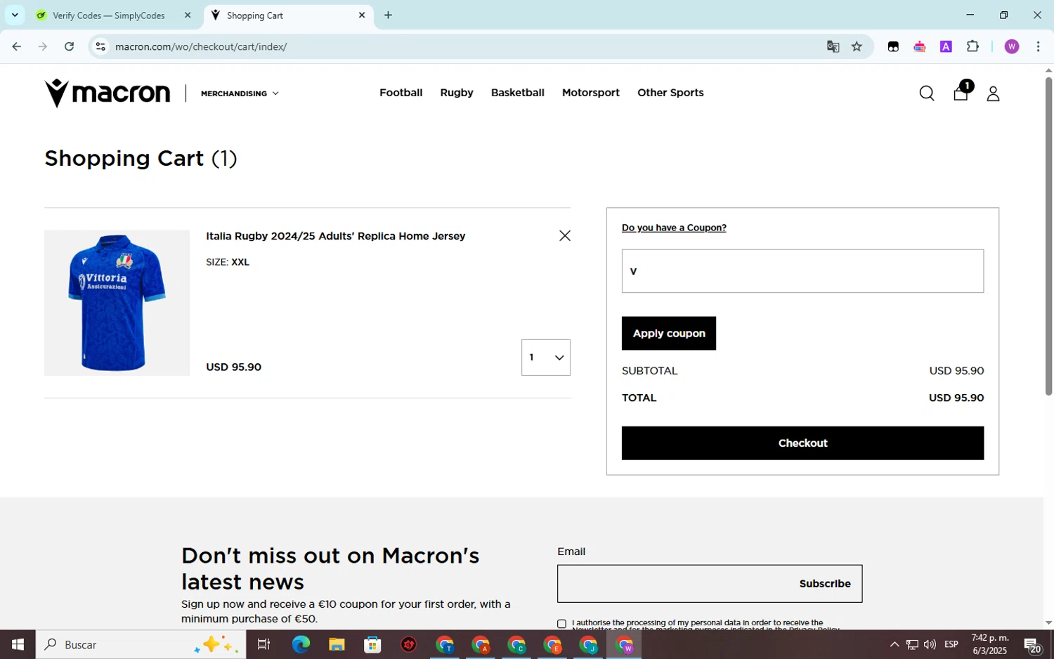 Macron discount code screenshot showing code v applied at Macron checkout page. Uploaded by SimplyCodes community member SwiftScout6682 on Mar 6, 2025