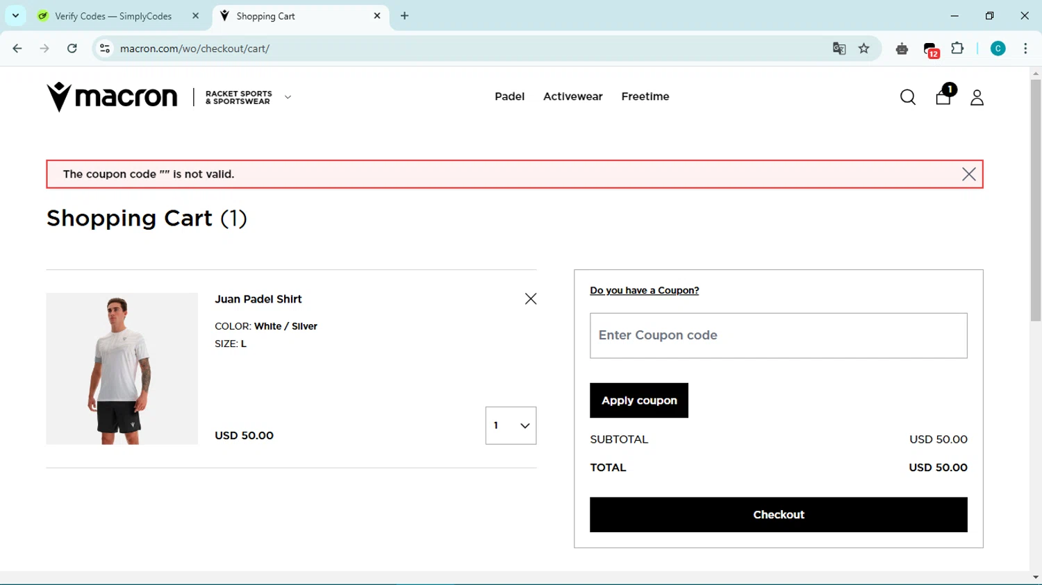 Macron discount code screenshot showing code v applied at Macron checkout page. Uploaded by SimplyCodes community member Simpsince95 on Mar 7, 2025