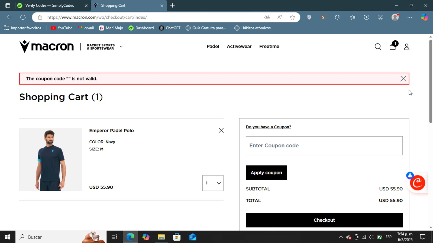Macron discount code screenshot showing code v applied at Macron checkout page. Uploaded by SimplyCodes community member ShieldGenius127 on Mar 6, 2025