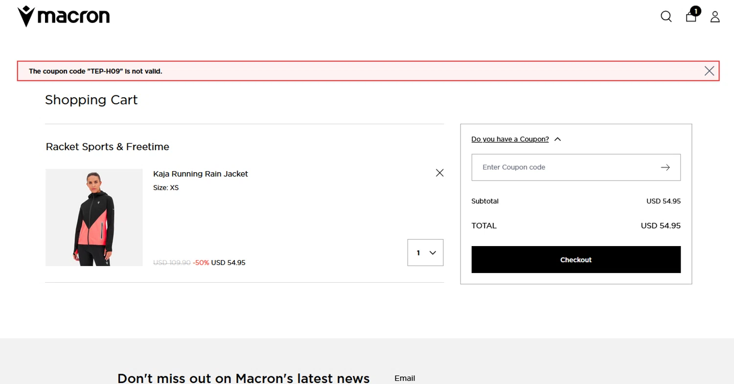 Macron discount code screenshot showing code TEP-H09 applied at Macron checkout page. Uploaded by SimplyCodes community member CouponHero3179 on Mar 19, 2025