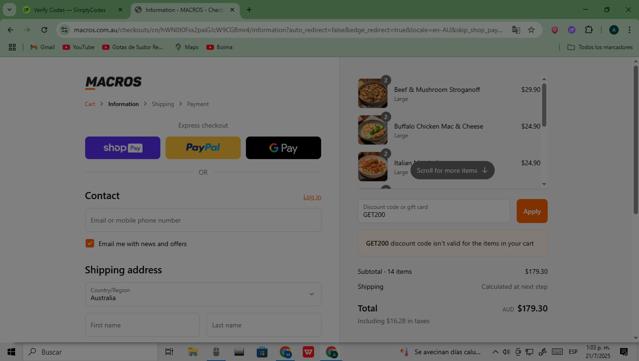 Macros checkout page showing Macros coupon code box | Screenshot taken by SimplyCodes community member on Jul 21, 2025