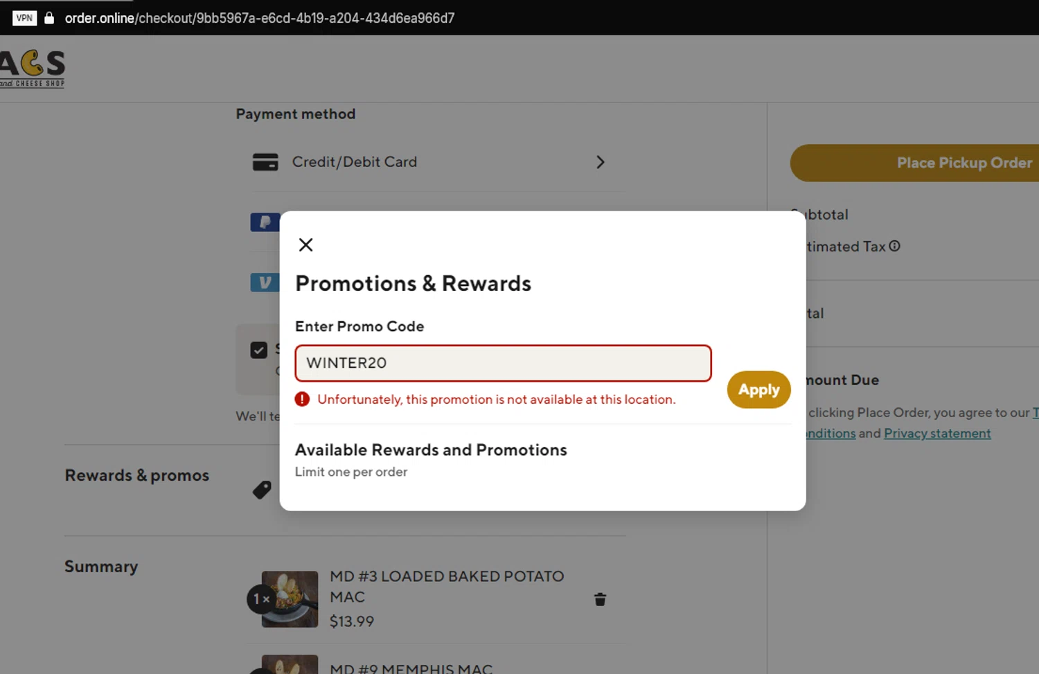 MACS Macaroni and Cheese Shop promo code screenshot showing code WINTER20 applied at MACS Macaroni and Cheese Shop checkout page. Uploaded by SimplyCodes community member Alexprime20 on Feb 17, 2025