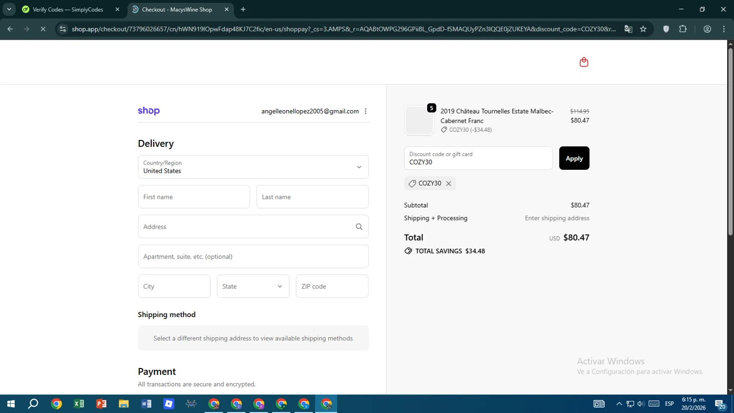 Macy's promo code screenshot showing code COZY30 applied at Macy's checkout page. Uploaded by SimplyCodes community member maraxo on Feb 20, 2026