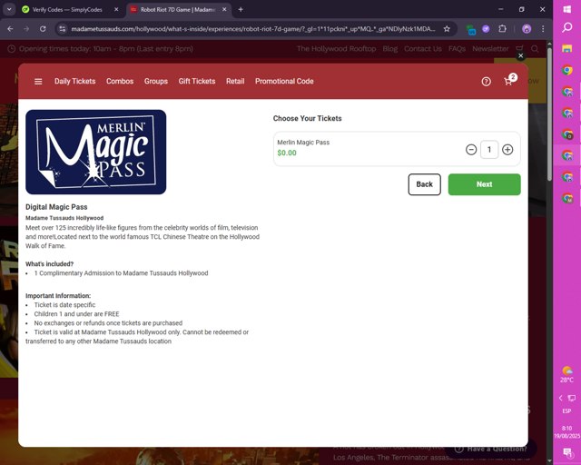 Madame Tussauds checkout page showing Madame Tussauds promo code box | Screenshot taken by SimplyCodes community member on Aug 19, 2025