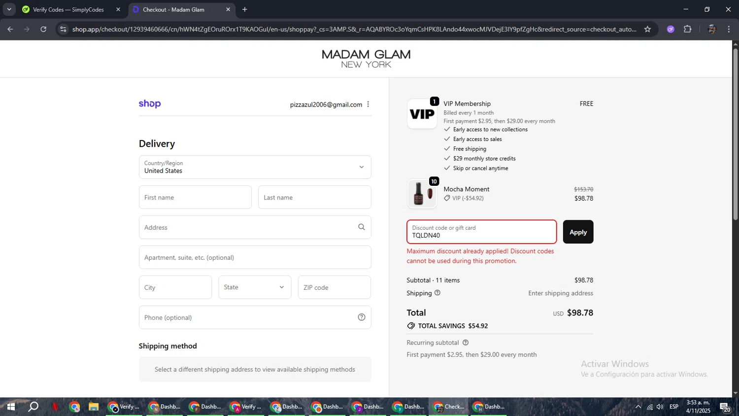 Madam Glam promo code screenshot showing code TQLDN40 applied at Madam Glam checkout page. Uploaded by SimplyCodes community member xxdddd on Nov 4, 2025