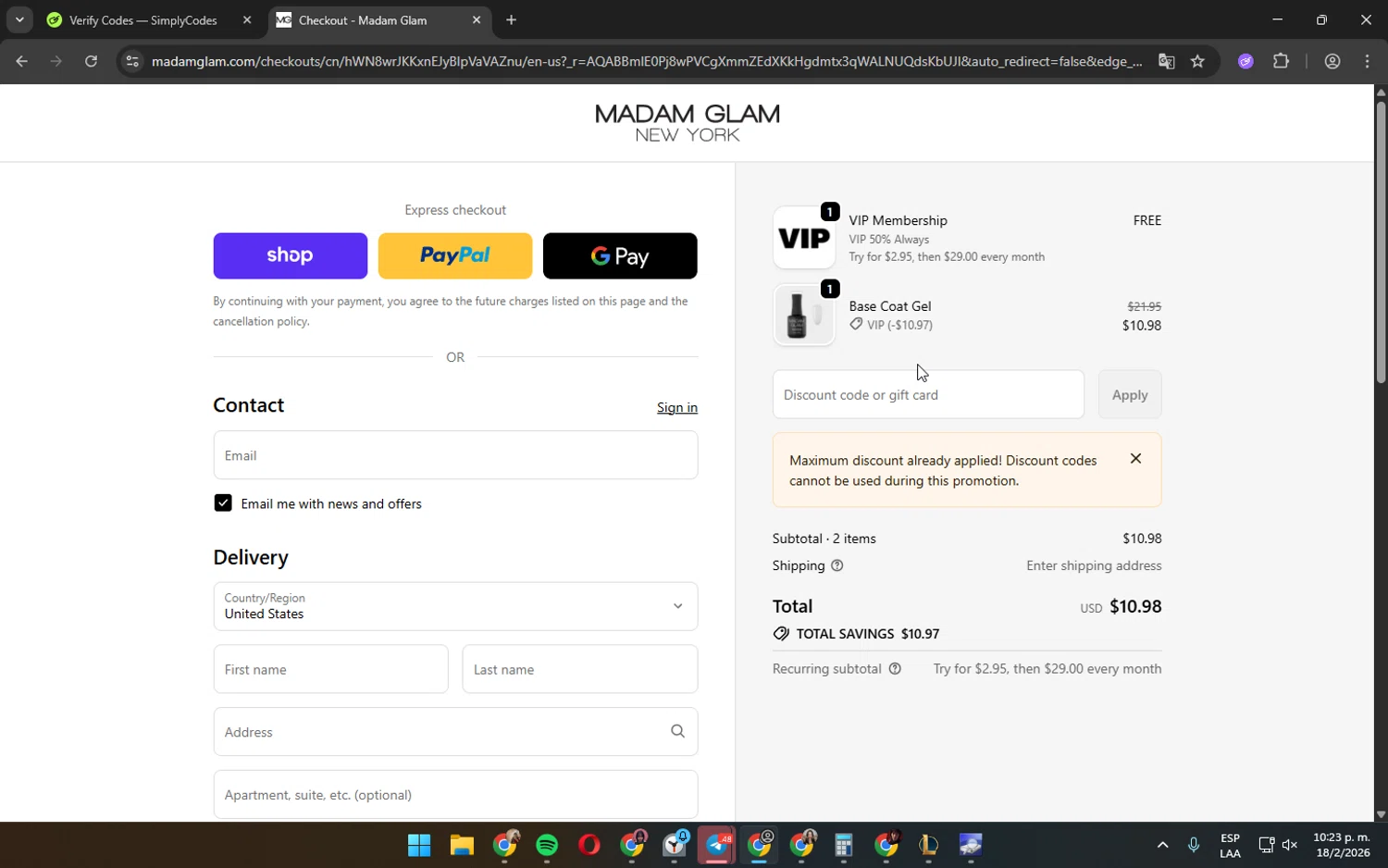 Madam Glam checkout page showing Madam Glam promo code box | Screenshot taken by SimplyCodes community member on Feb 19, 2026