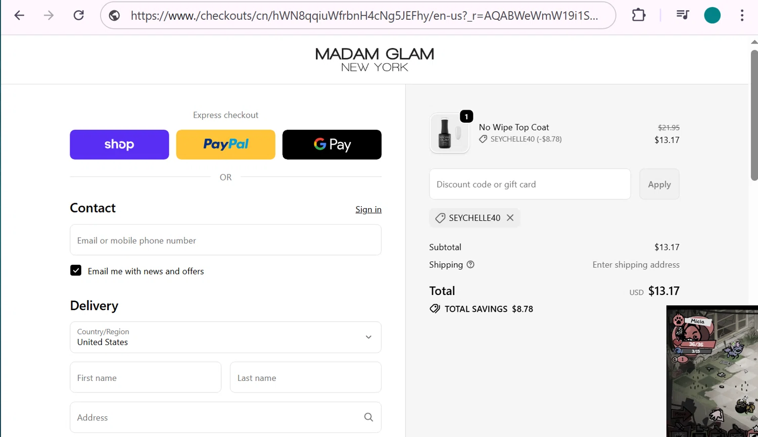 Madam Glam promo code screenshot showing code SEYCHELLE40 applied at Madam Glam checkout page. Uploaded by SimplyCodes community member anosesmith on Feb 17, 2026