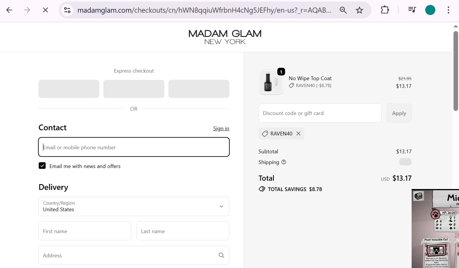 Madam Glam promo code screenshot showing code RAVEN40 applied at Madam Glam checkout page. Uploaded by SimplyCodes community member anosesmith on Feb 16, 2026