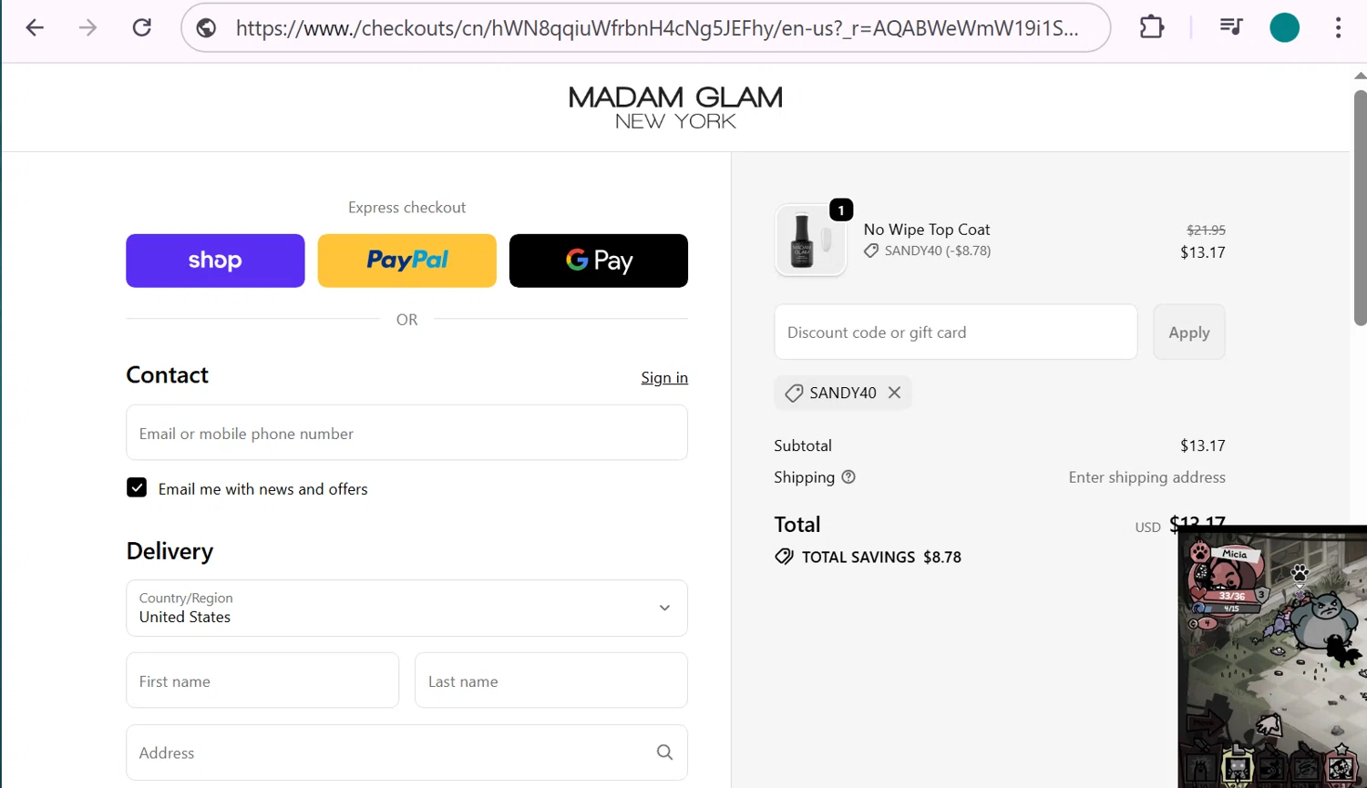 Madam Glam promo code screenshot showing code SANDY40 applied at Madam Glam checkout page. Uploaded by SimplyCodes community member anosesmith on Feb 17, 2026