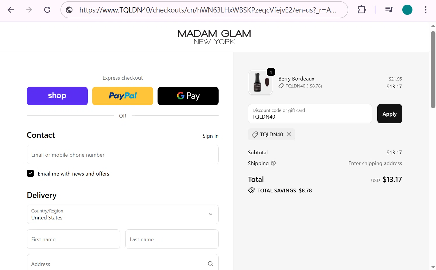 Madam Glam promo code screenshot showing code TQLDN40 applied at Madam Glam checkout page. Uploaded by SimplyCodes community member anosesmith on Jan 14, 2026