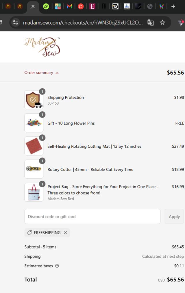 Madam Sew checkout page showing Madam Sew discount code box | Screenshot taken by SimplyCodes community member on Sep 15, 2025
